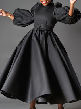 Plus Size Loose Solid Color Flared Puff Sleeve Midi African Dress